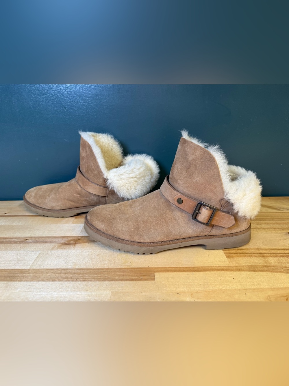 UGG Chestnut Suede Shearling Ankle Booties with Buckle